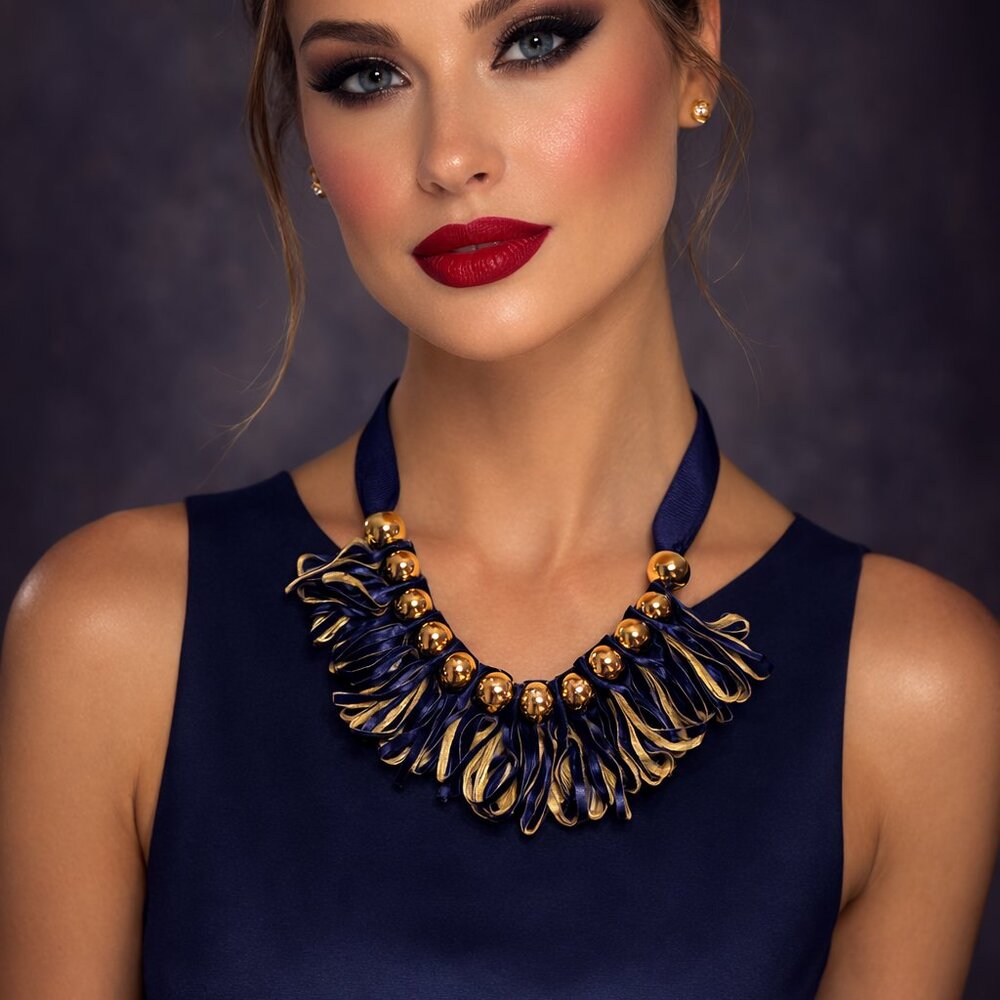 7 Charming Sisters Navy & Gold Statement Necklace NWT Ribbon Fringe Bead Bib Nec - Picture 4 of 4